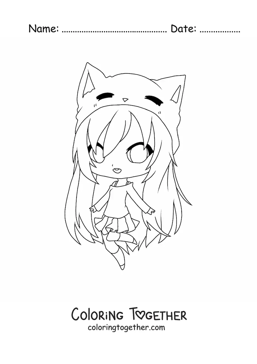 Coloring page of a kawaii anime girl with cat ears