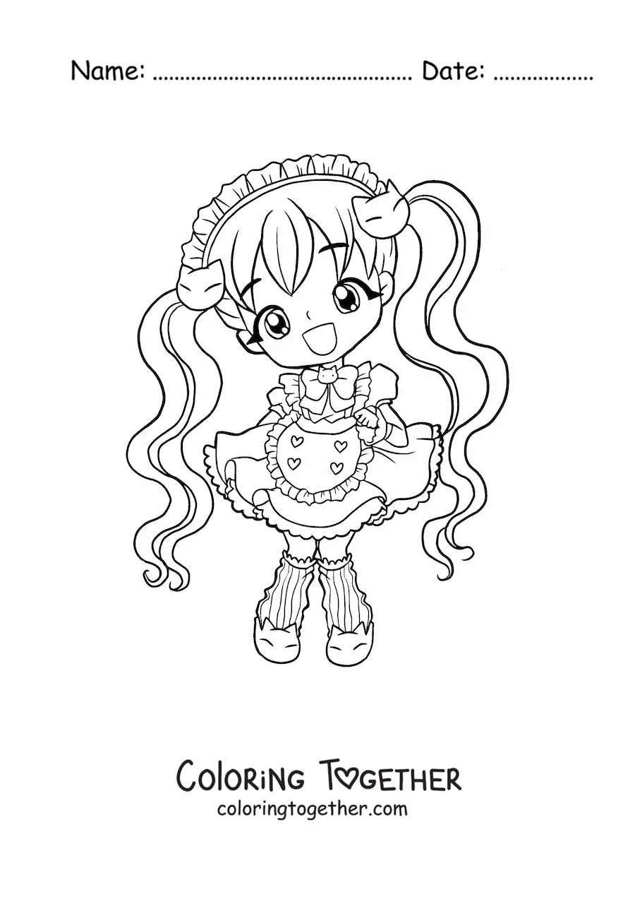 Coloring page of a chibi fashion girl in a kawaii kitten dress