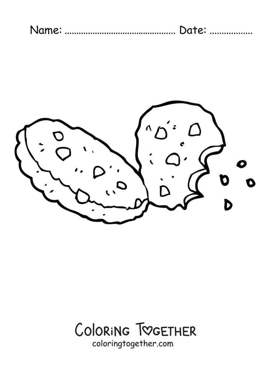 Coloring page of two chocolate chip cookies, one with a bite taken out