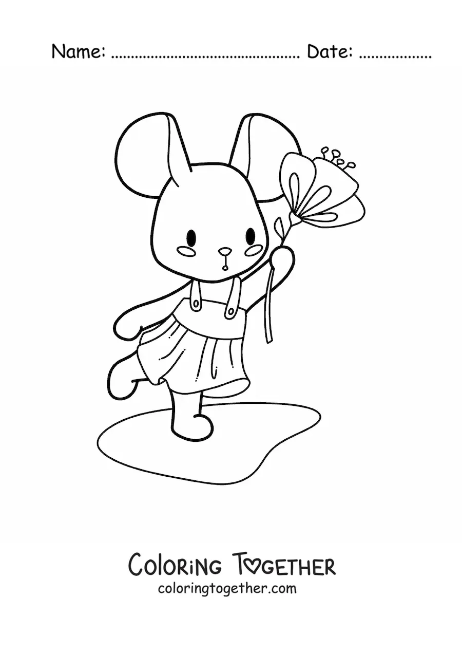 Coloring page of a cartoon kawaii mouse in a dress with a flower