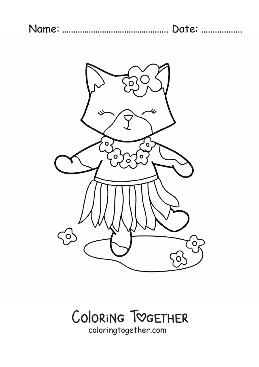 Coloring page of a cartoon kawaii cat in a Hawaiian skirt with flowers