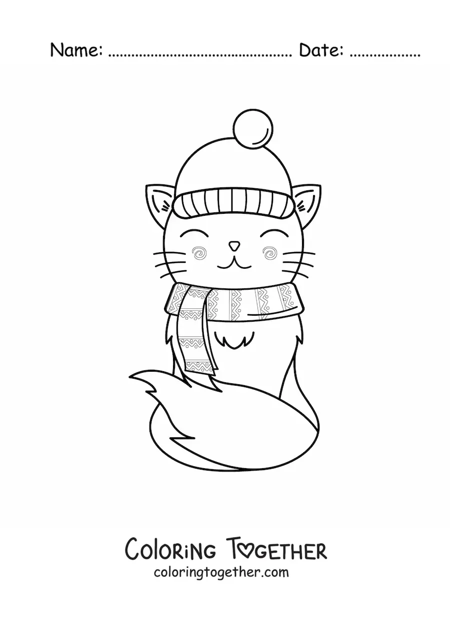 Coloring page of a cartoon kawaii cat in winter fashion