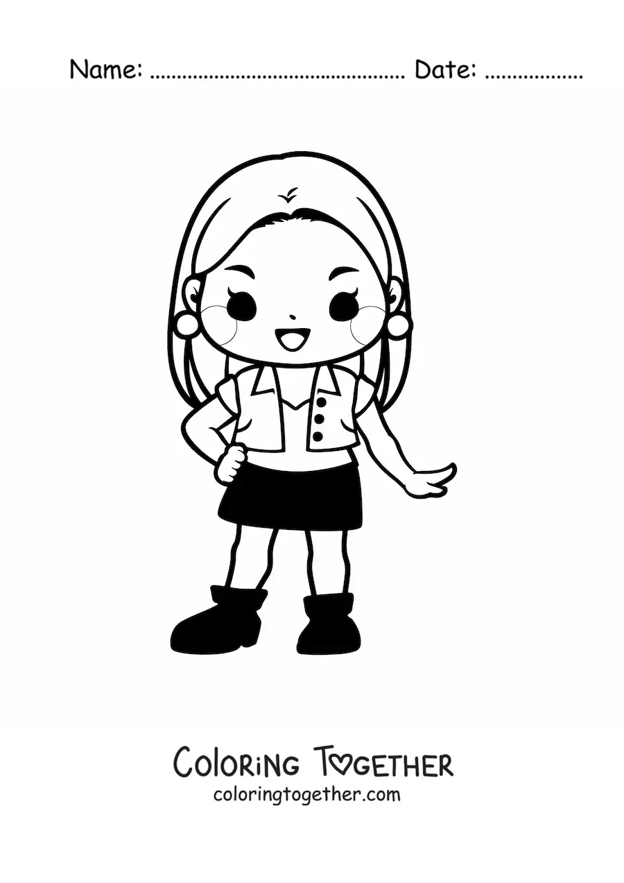 Coloring page of a cartoon kawaii girl in casual clothes