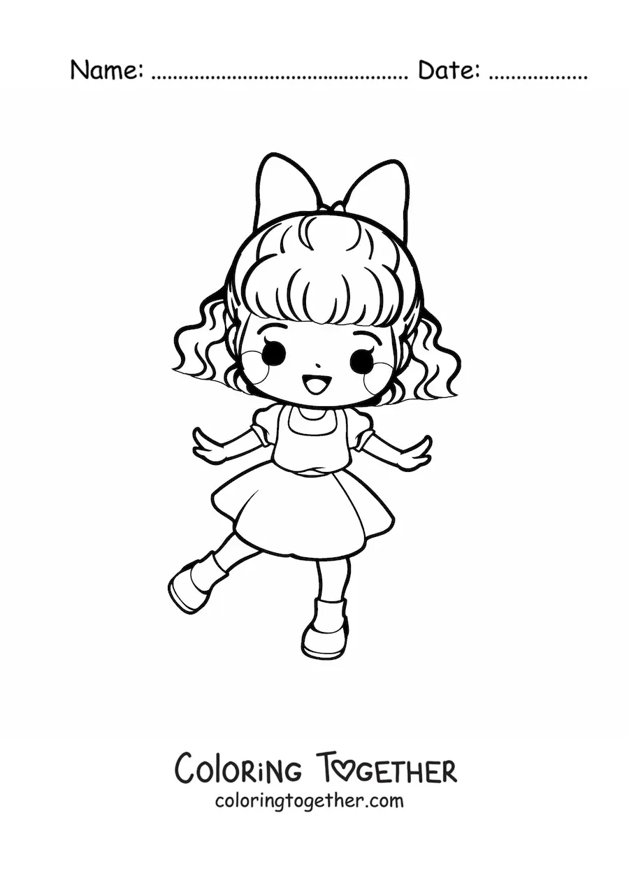 Coloring page of a cartoon kawaii girl with a bow and an elegant dress