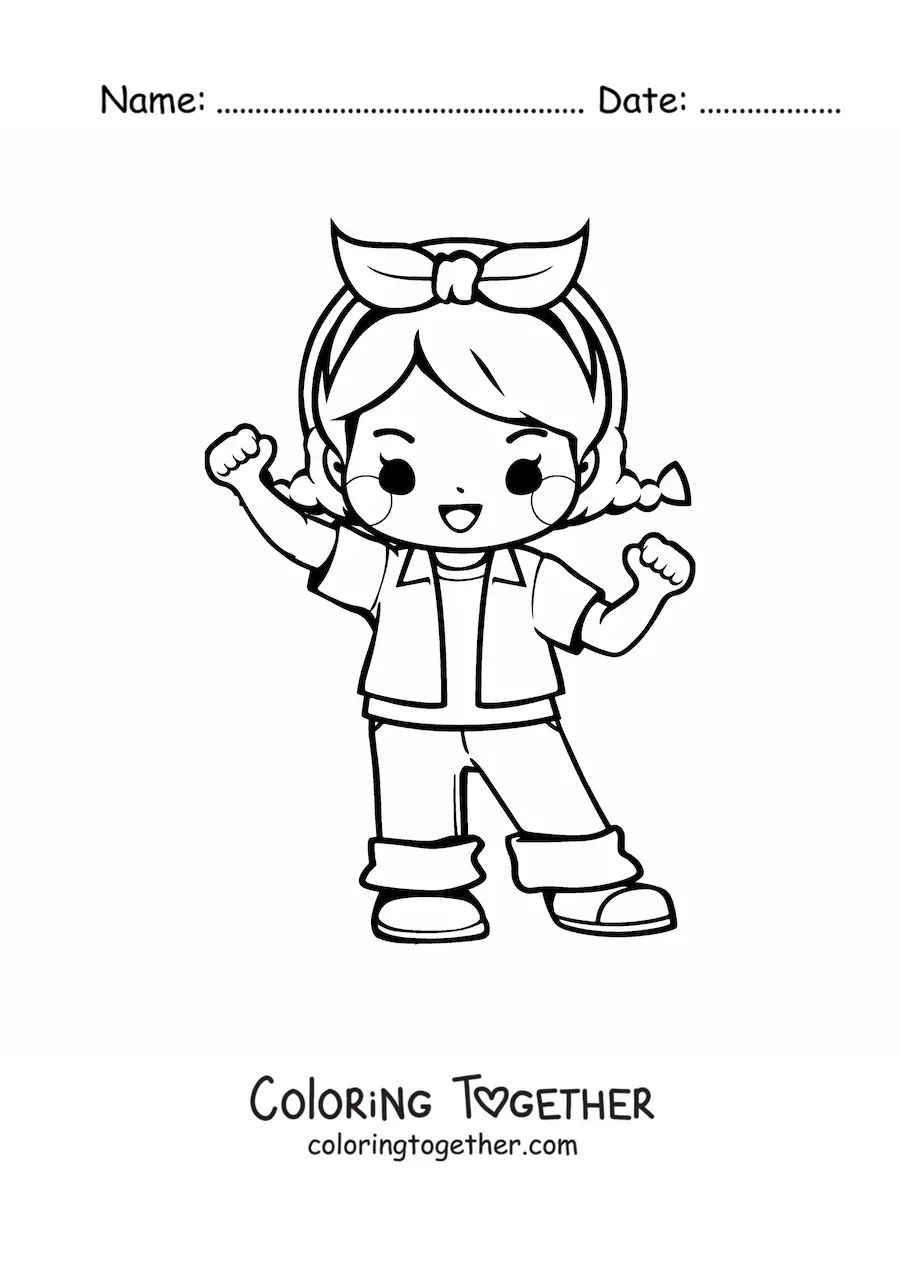 Coloring page of a cartoon kawaii girl with a bow and casual clothes
