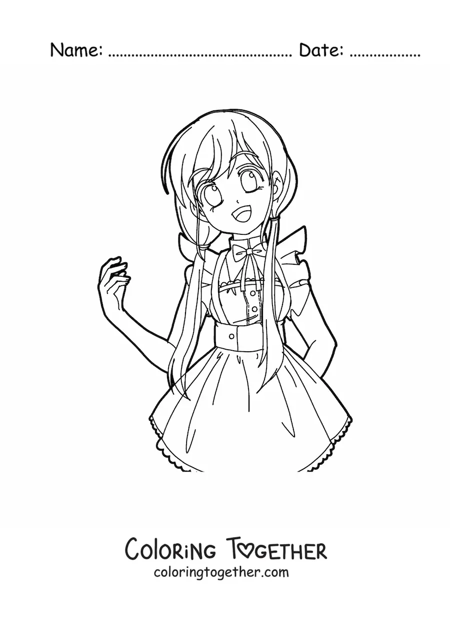 Coloring page of an anime style kawaii girl in a beautiful dress