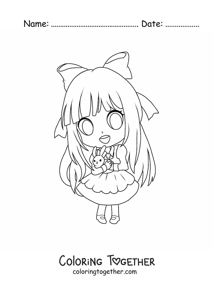 Coloring page of a kawaii chibi girl in a beautiful dress with a rabbit