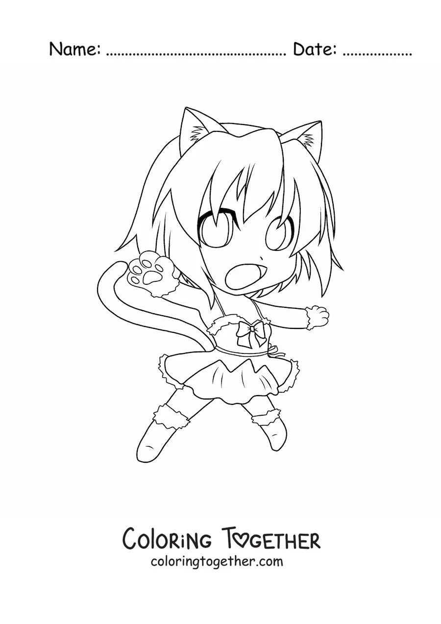 Coloring page of a kawaii chibi girl in a cat costume