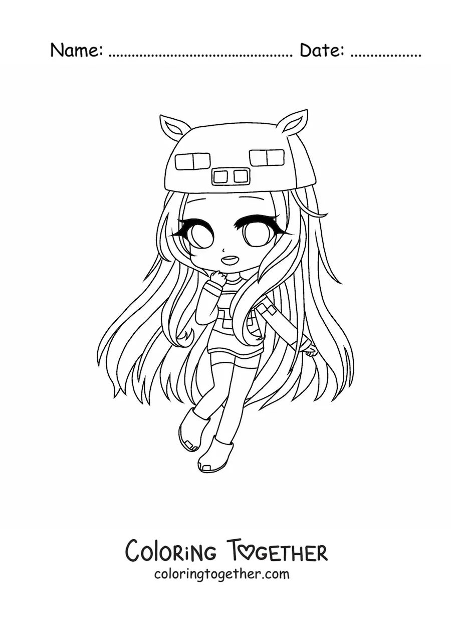 Coloring page of a kawaii chibi fashion girl in a sweater and beanie