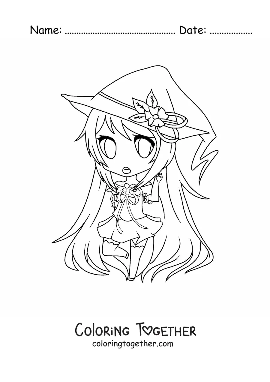 Coloring page of a kawaii chibi fashion girl in a witch costume