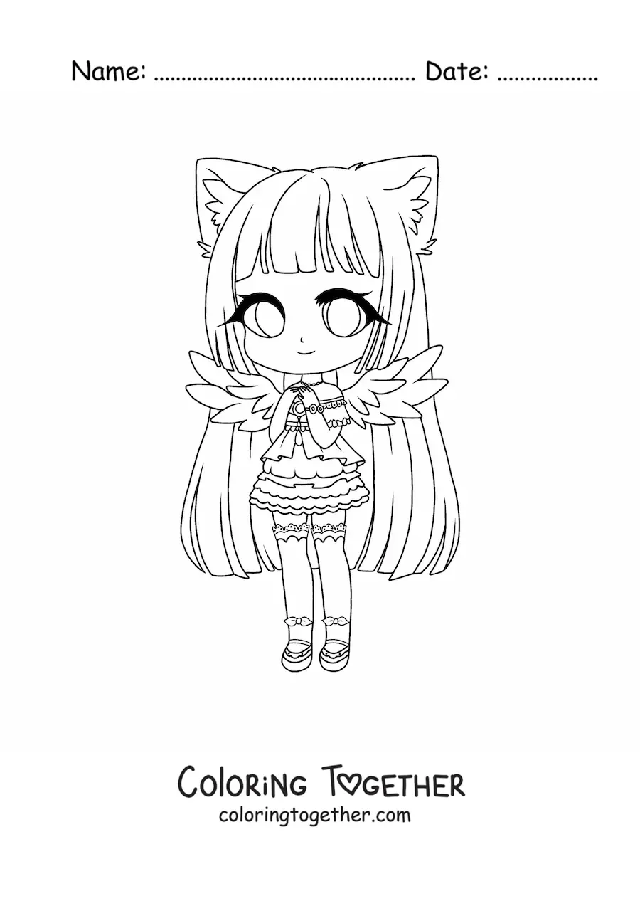 Coloring page of a kawaii chibi fashion girl in a cat and angel costume