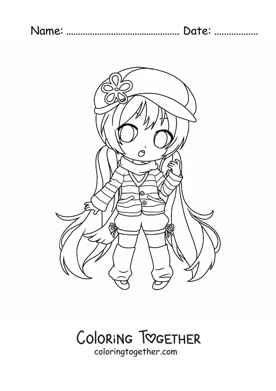 Coloring page of a kawaii chibi fashion girl in winter fashion