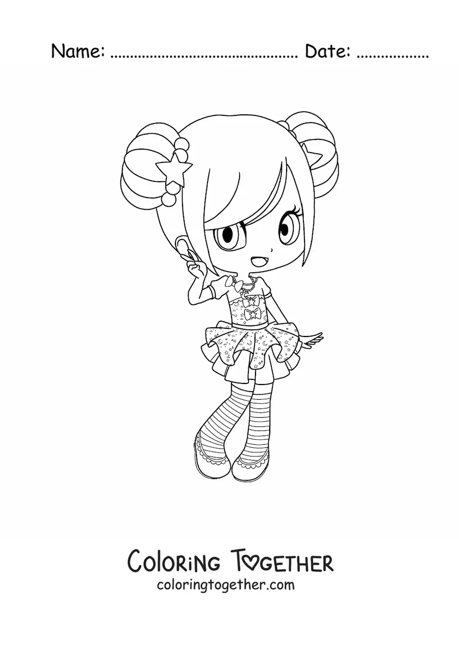Coloring page of a kawaii chibi fashion girl in a pretty skirt