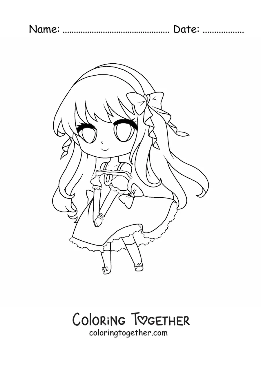 Coloring page of a kawaii chibi fashion girl in a cute long dress