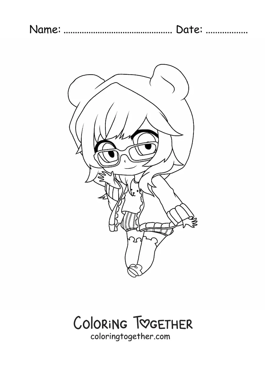 Coloring page of a nerdy kawaii chibi fashion girl with glasses and a hoodie