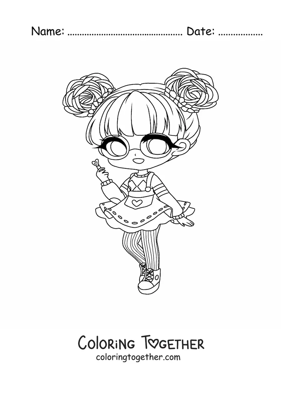 Coloring page of a nerdy kawaii chibi fashion girl with glasses and a skirt