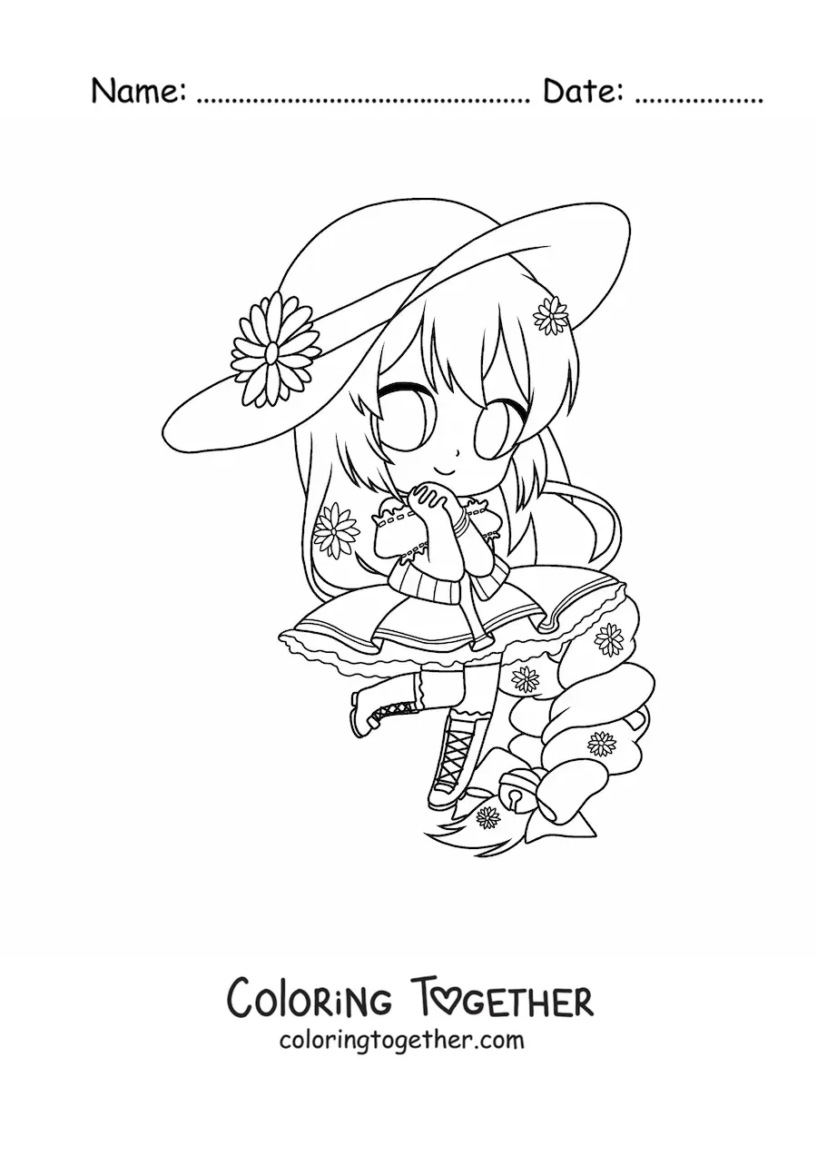 Coloring page of a kawaii chibi fashion girl with a hat and an aesthetic dress