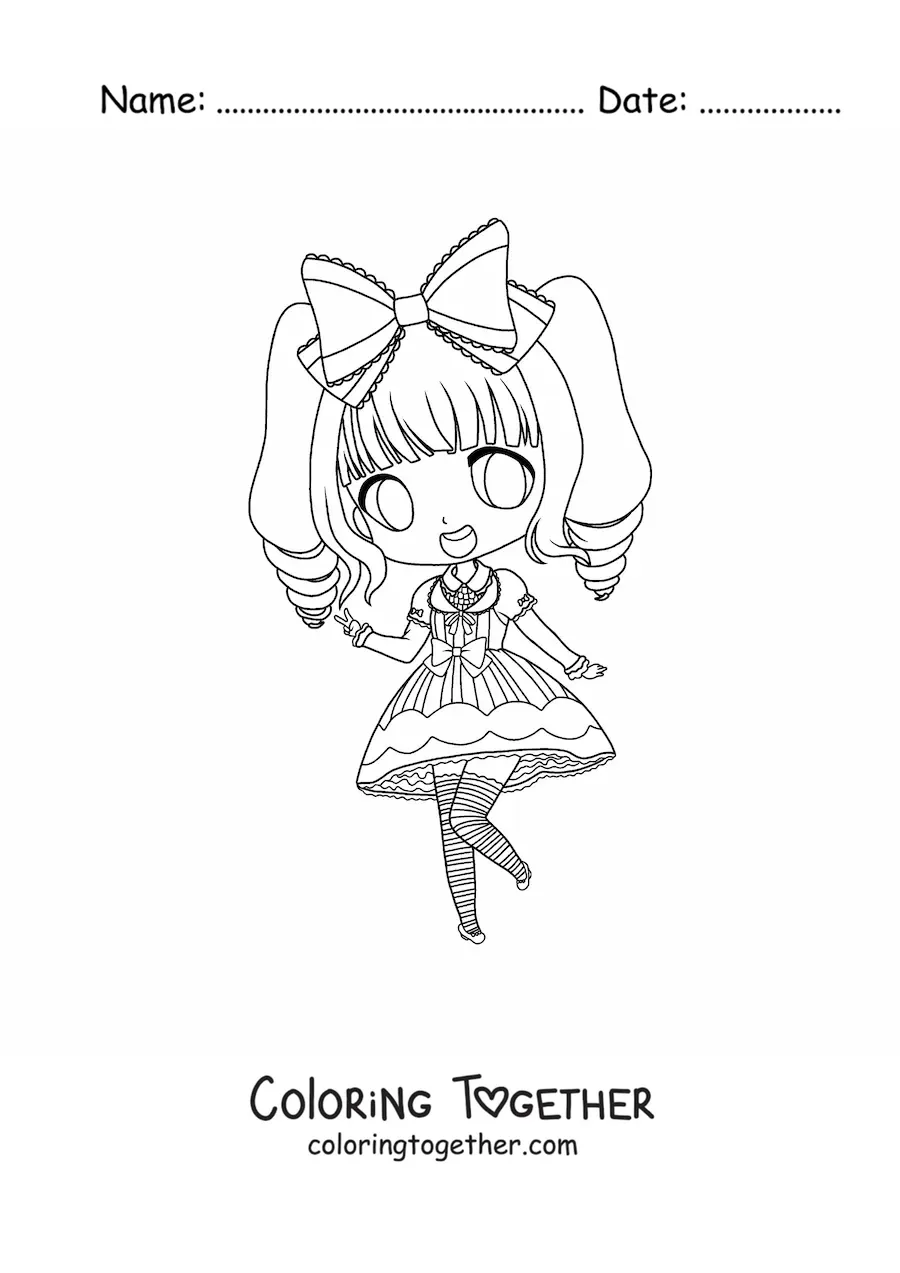 Coloring page of a kawaii chibi fashion girl in a vintage dress