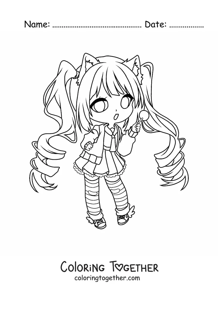 Coloring page of a kawaii chibi fashion girl in a modern uniform with cat ears