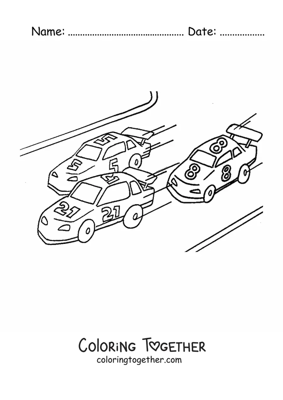 Coloring page of a car race with the numbers '21', '5' and '8'
