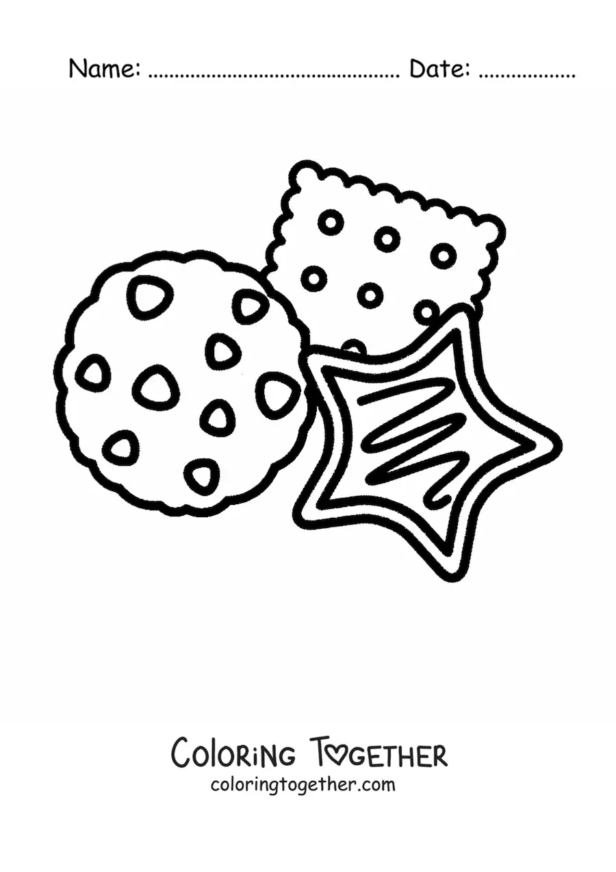 Coloring page of star-shaped cookies, chocolate chip cookies, and a square one