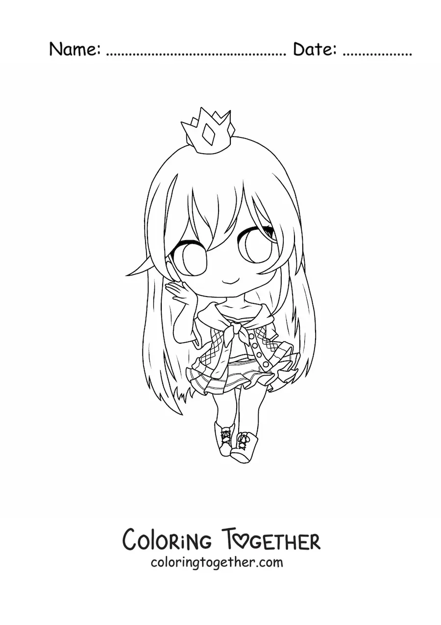 Coloring page of a kawaii chibi fashion girl with a crown and a skirt