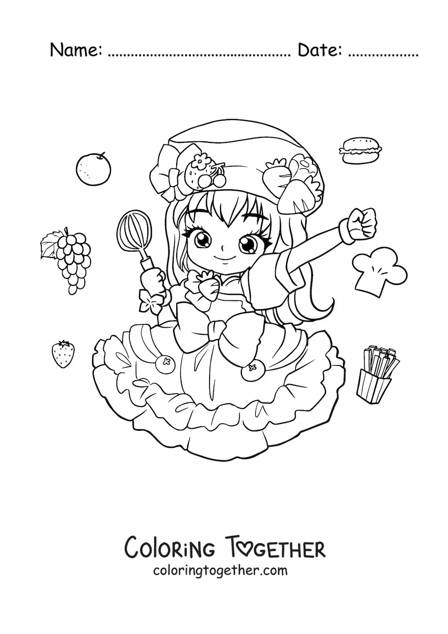 Coloring page of a kawaii chibi fashion pastry girl in a candy outfit