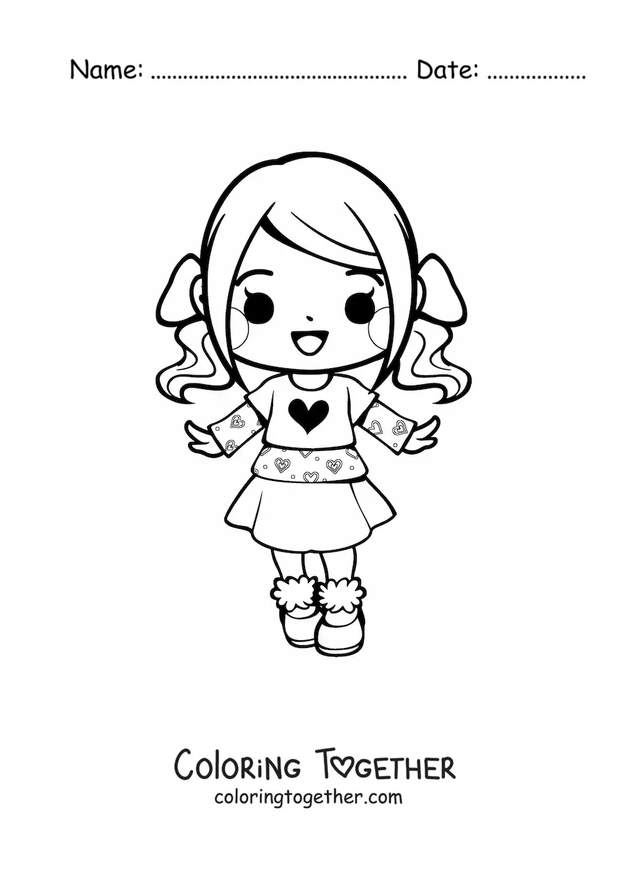 Coloring page of a cartoon kawaii girl with a skirt and pigtails