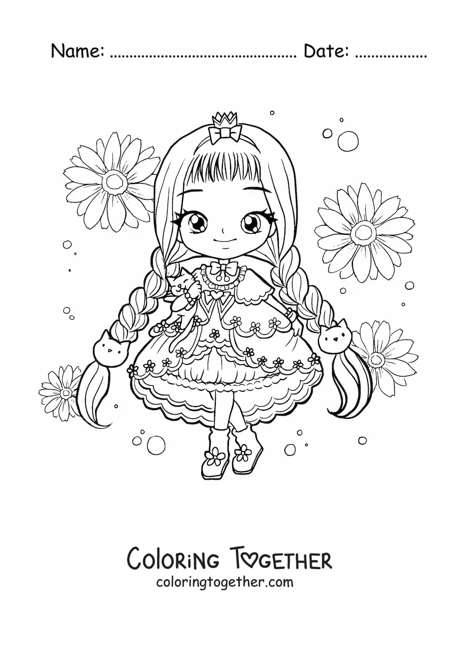 Coloring page of a chibi fashion girl in a kawaii kitten dress with flowers