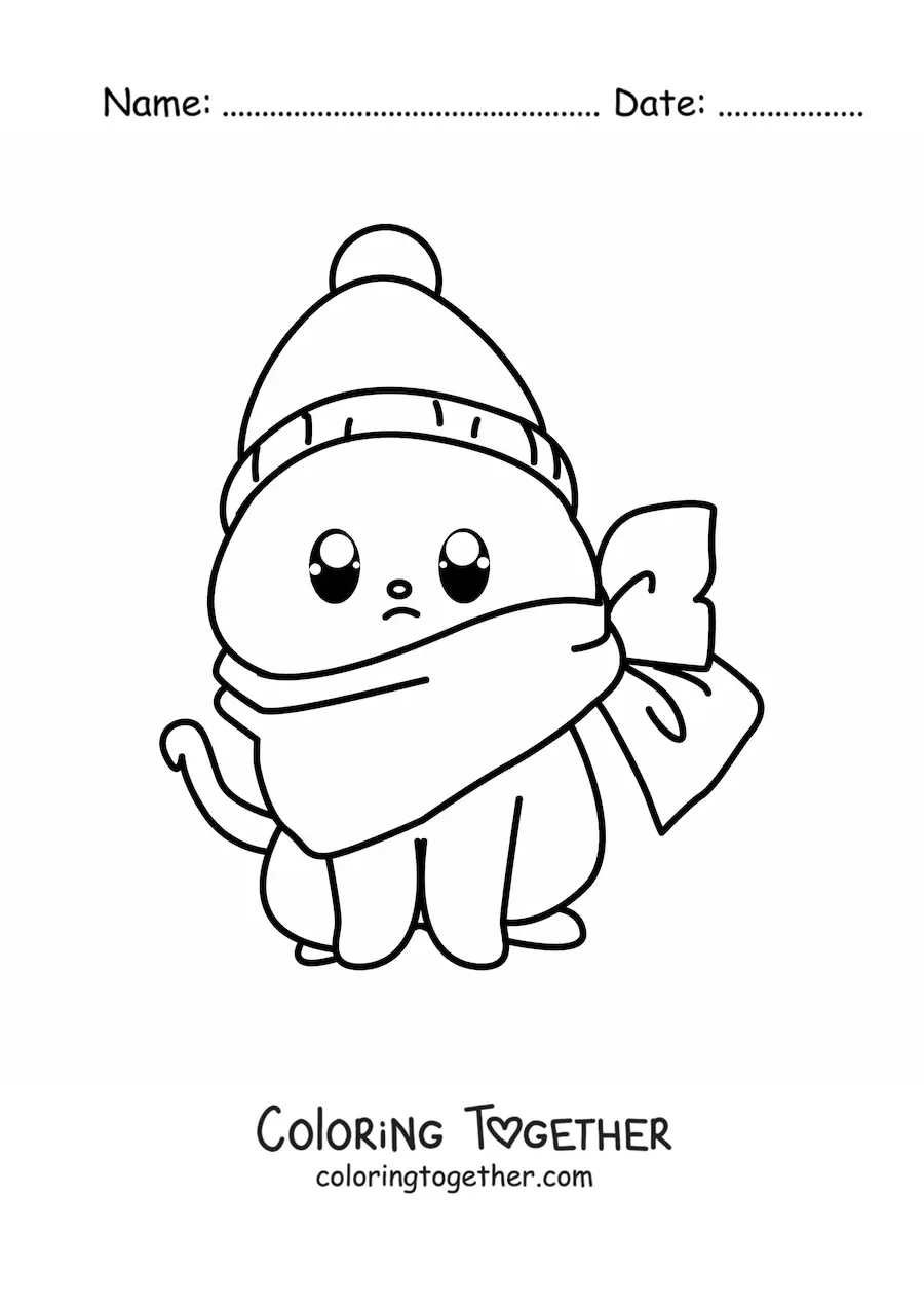 Coloring page of a kawaii cat with a winter hat