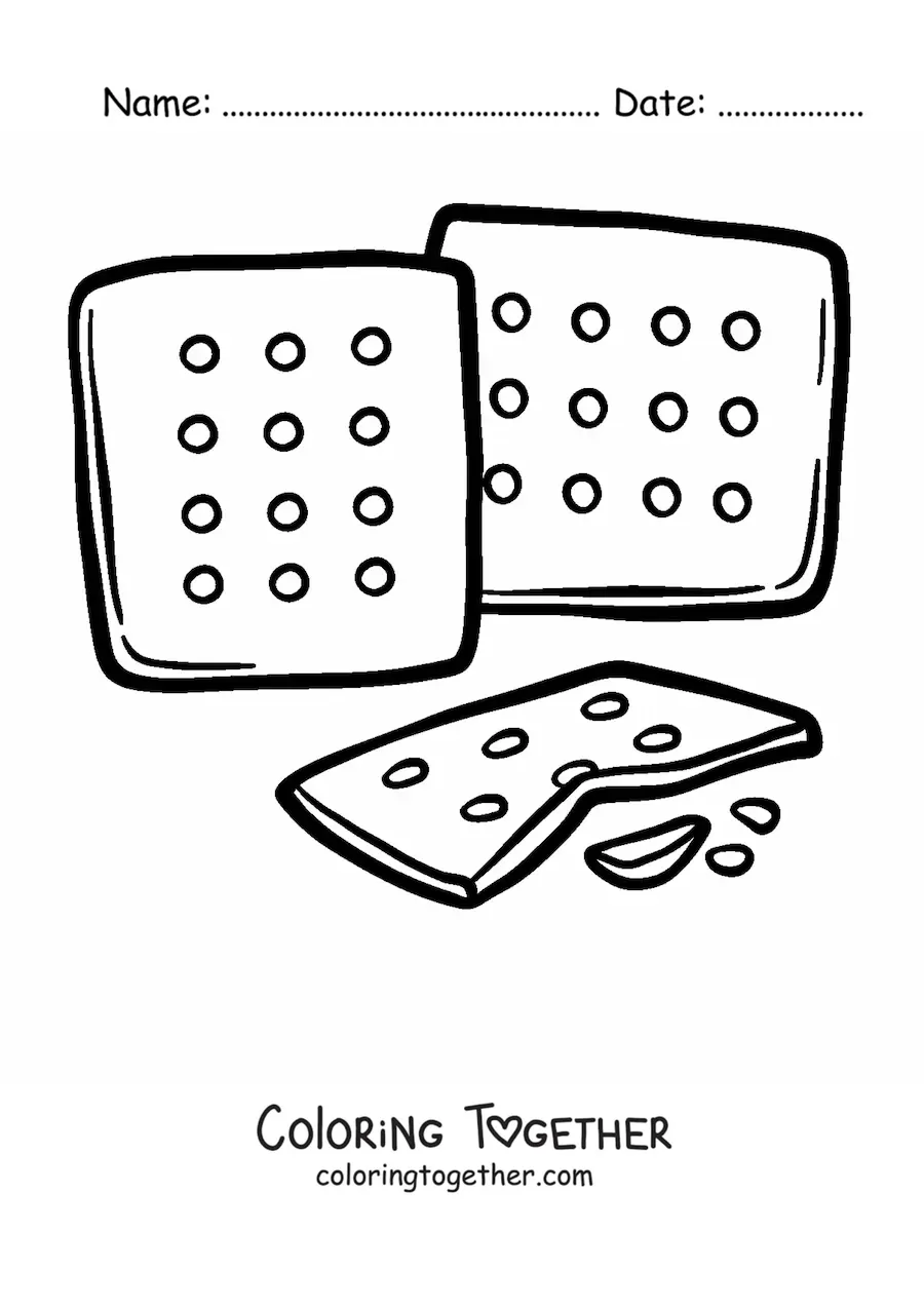 Coloring page of square cookies and one broken in half