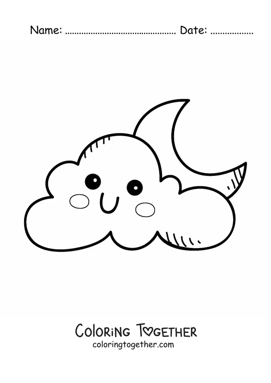 Coloring page of a cartoon kawaii cloud and the Moon