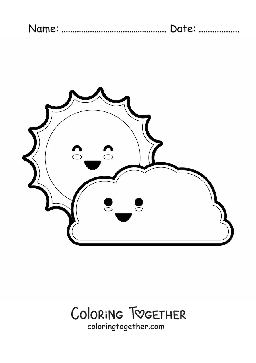 Coloring page of a cartoon kawaii cloud and the Sun