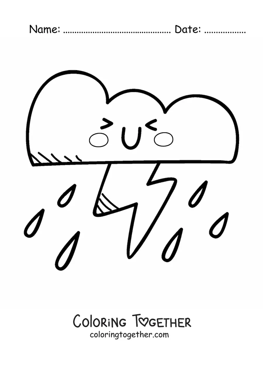 Coloring page of a cartoon kawaii storm cloud with lightning