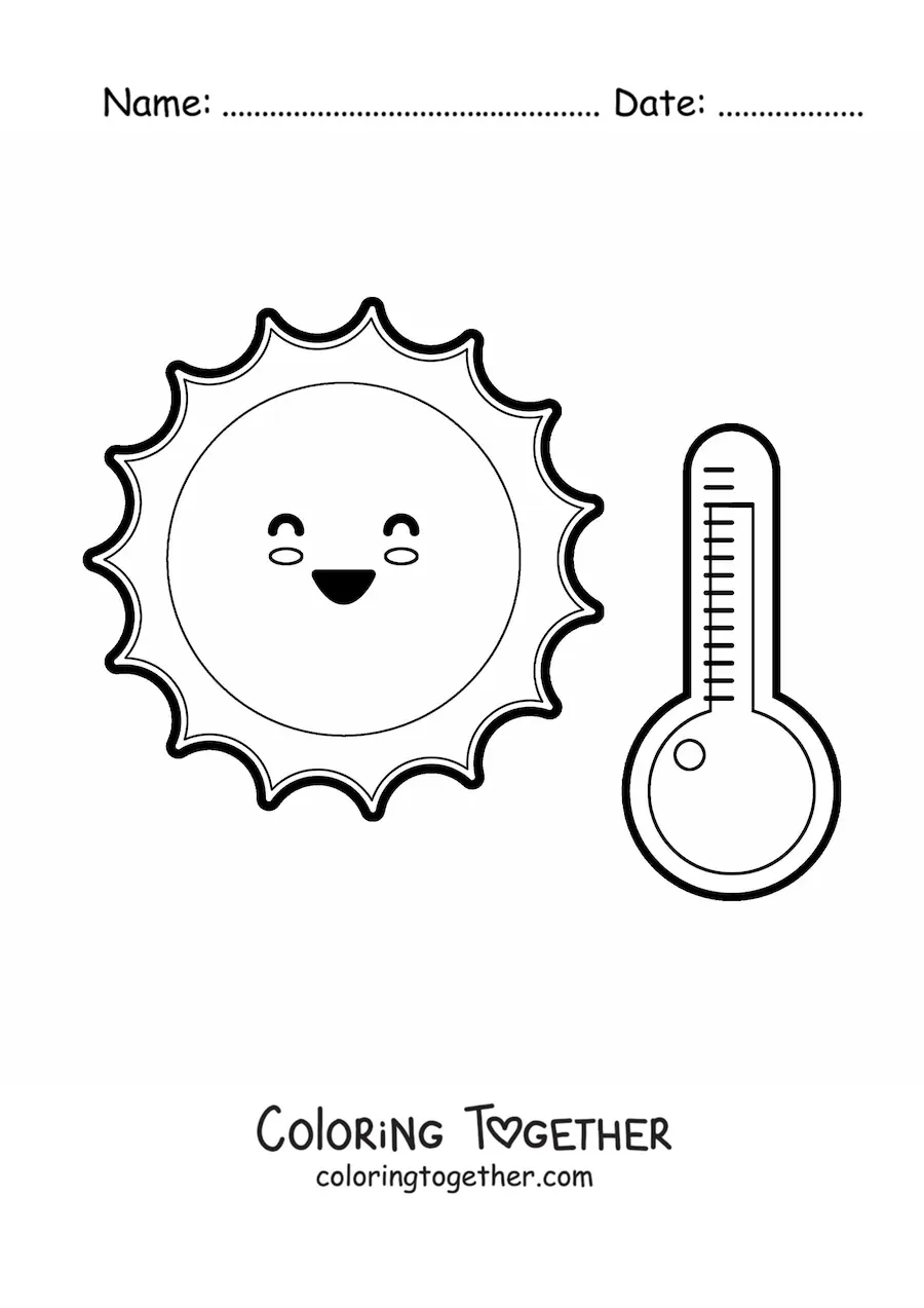 Coloring page of a cartoon kawaii sun on a hot day with a thermometer