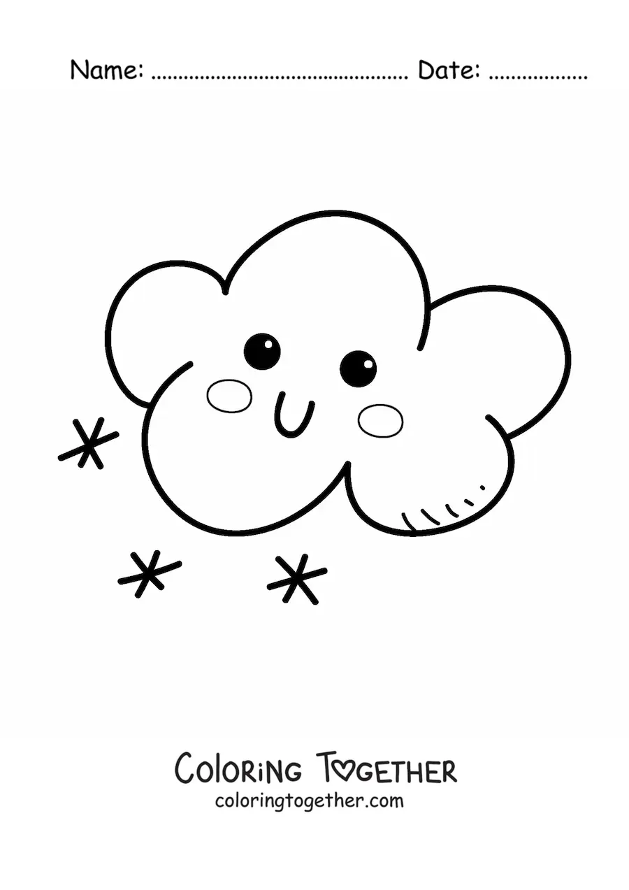 Coloring page of a cartoon kawaii cloud with snow