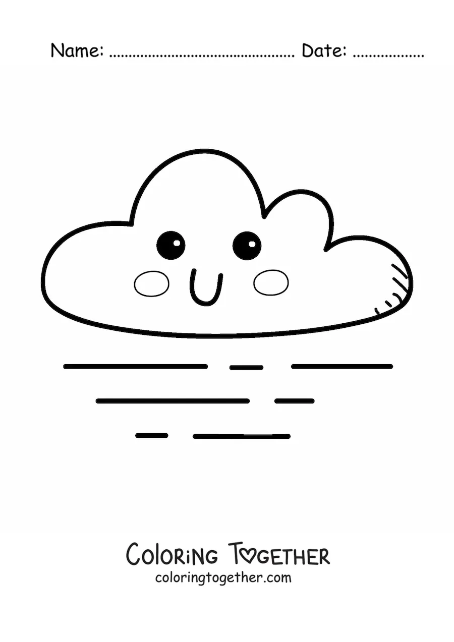 Coloring page of a cartoon kawaii cloud with wind