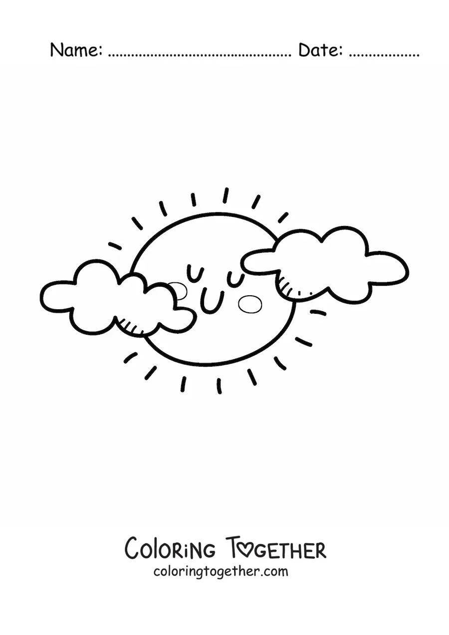 Coloring page of a cloudy cartoon kawaii sun