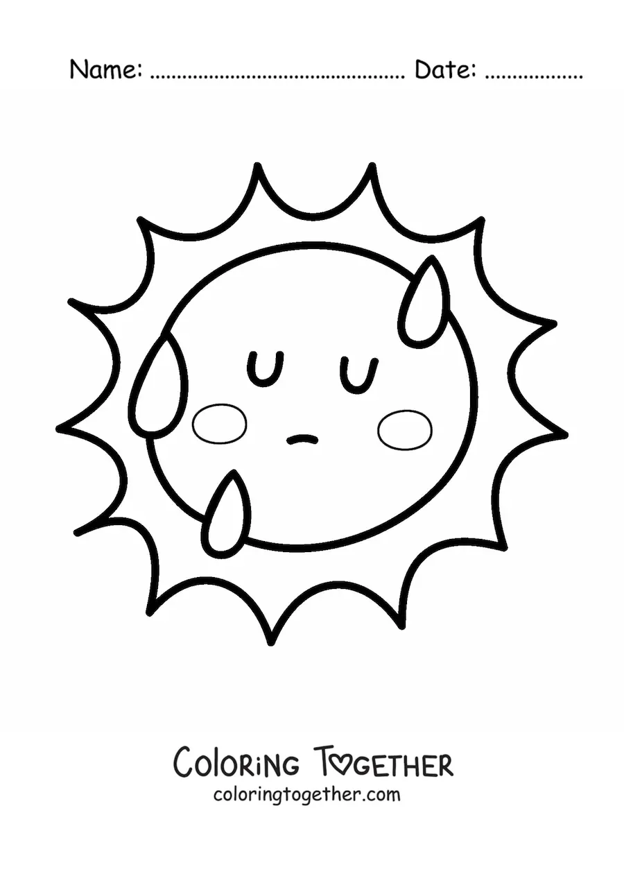 Coloring page of a hot cartoon kawaii sun with sweat drops