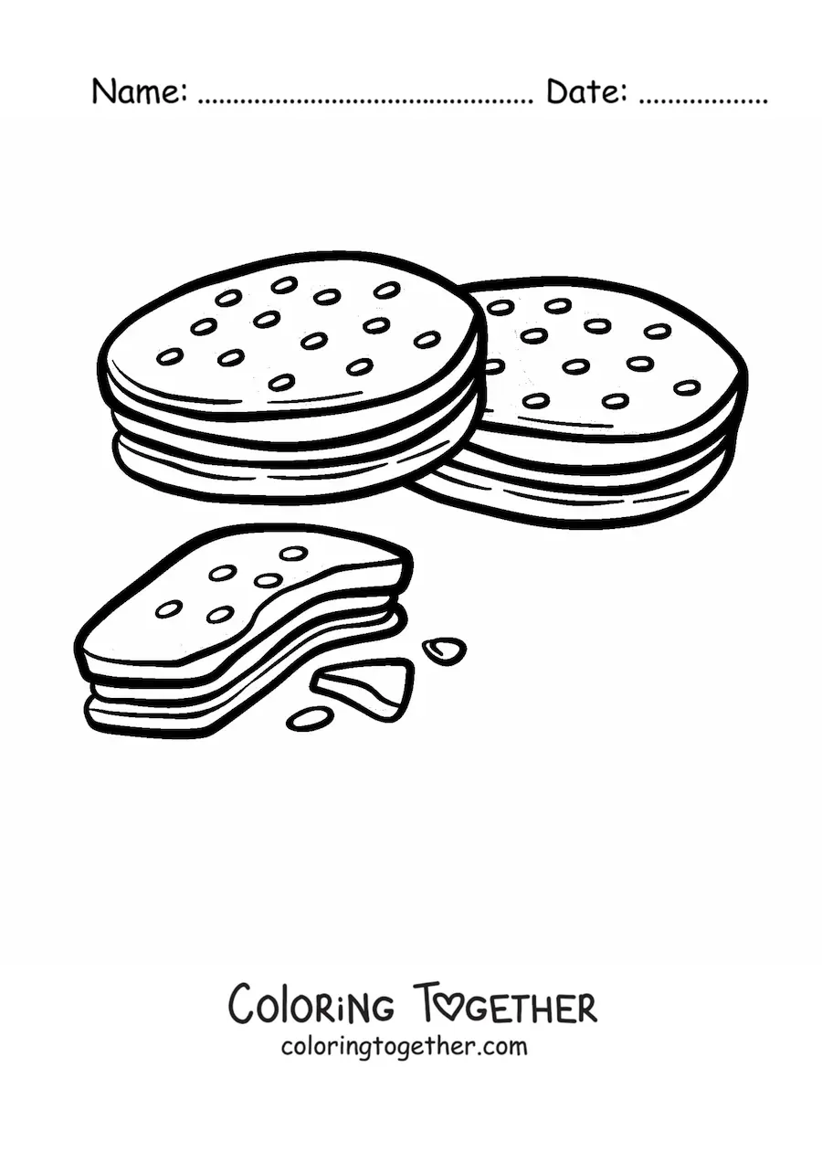 Coloring page of two filled cookies and one cut in half