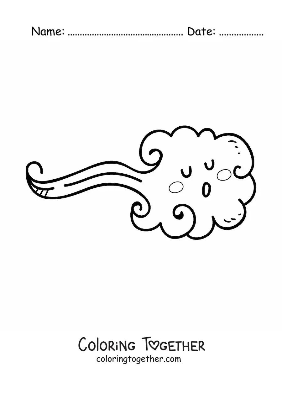 Coloring page of a cartoon kawaii gust of wind