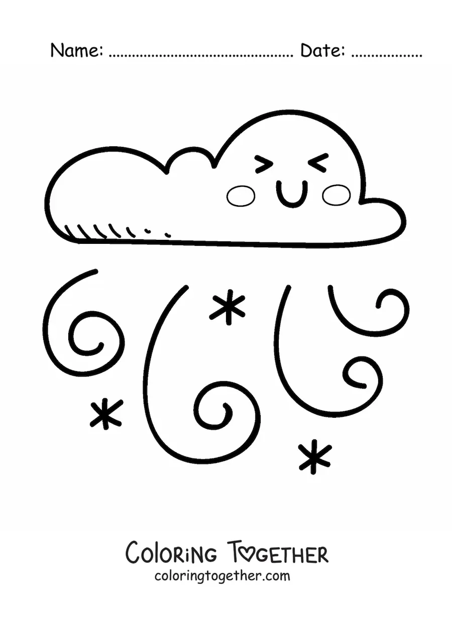 Coloring page of a cartoon kawaii cloud with a gust of wind
