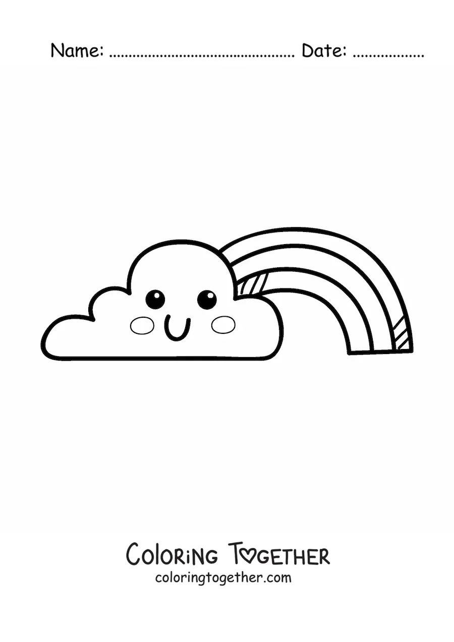 Coloring page of a cartoon kawaii cloud with a rainbow