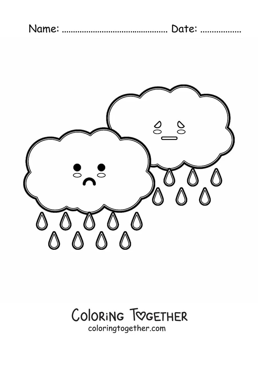 Coloring page of cartoon kawaii rain clouds