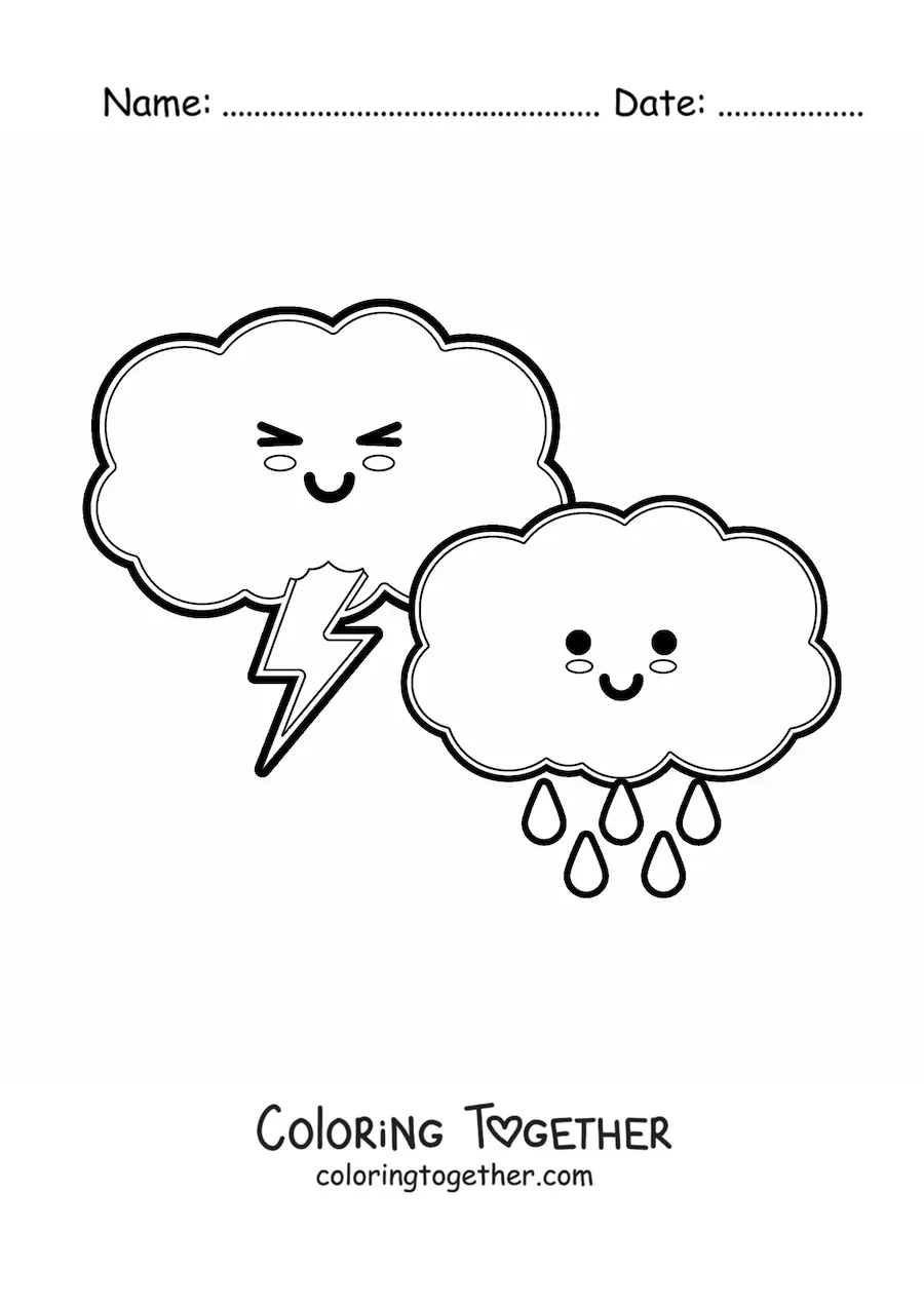 Coloring page of cartoon kawaii rain and storm clouds