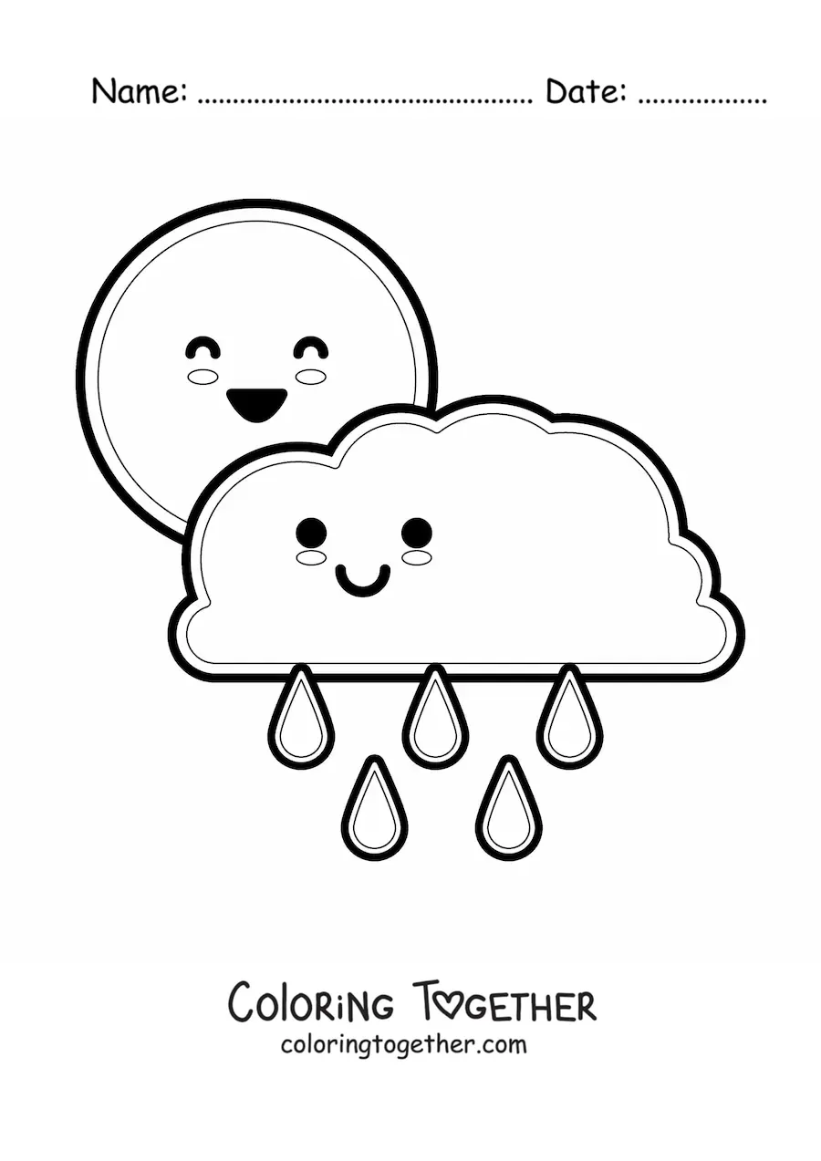 Coloring page of a cartoon kawaii rain cloud and the Sun