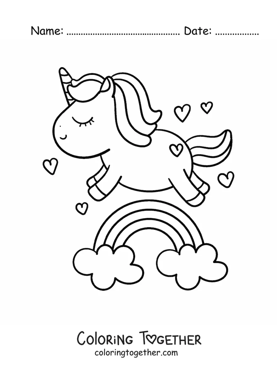 Coloring page of a rainbow with a kawaii unicorn and hearts