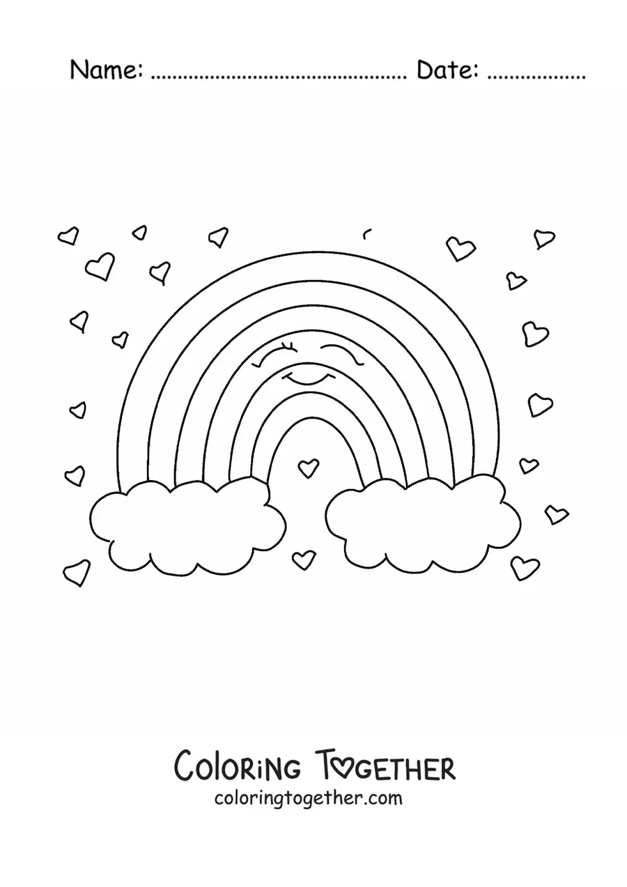 Coloring page of a cartoon rainbow with hearts