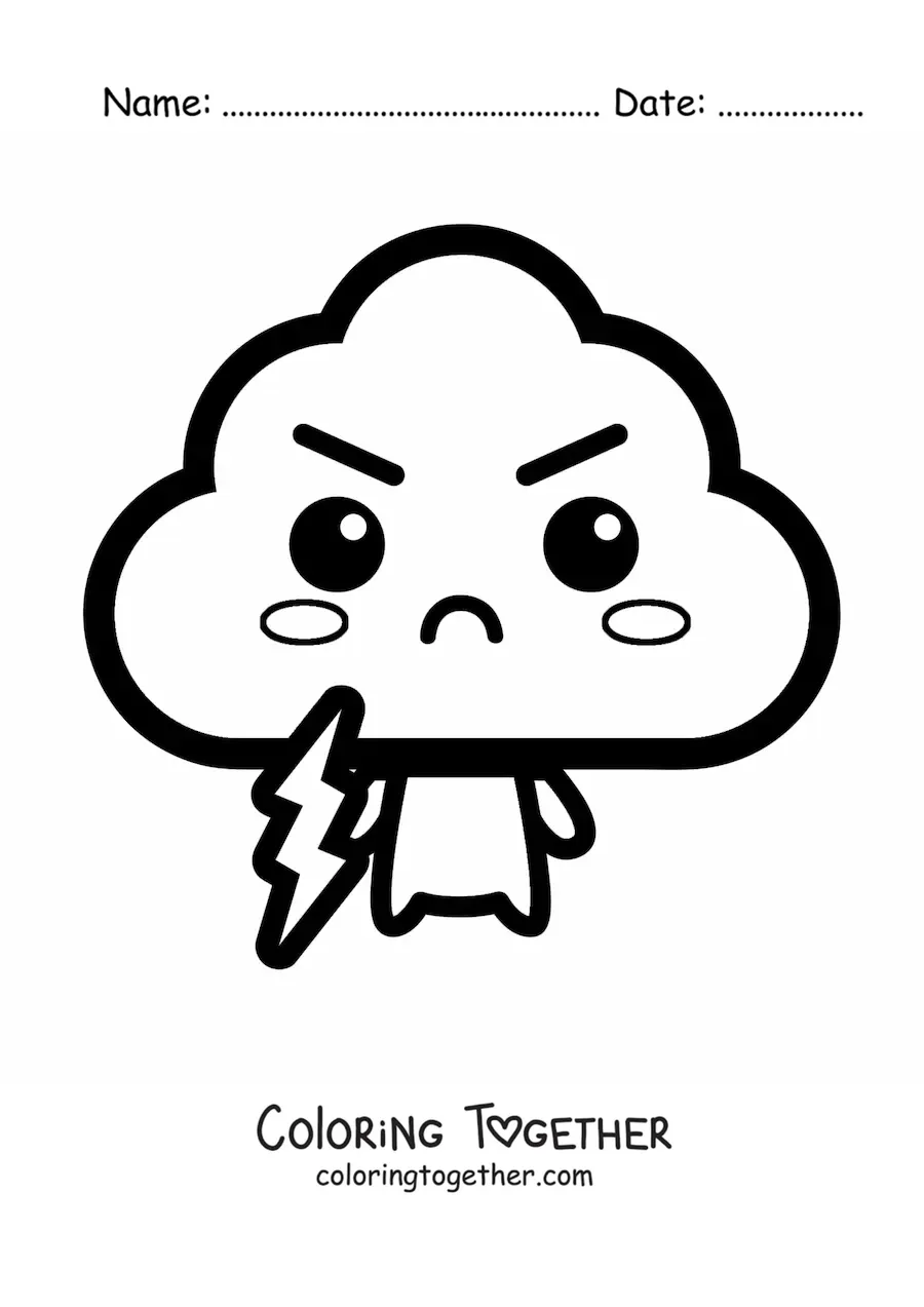 Coloring page of a kawaii cloud with lightning