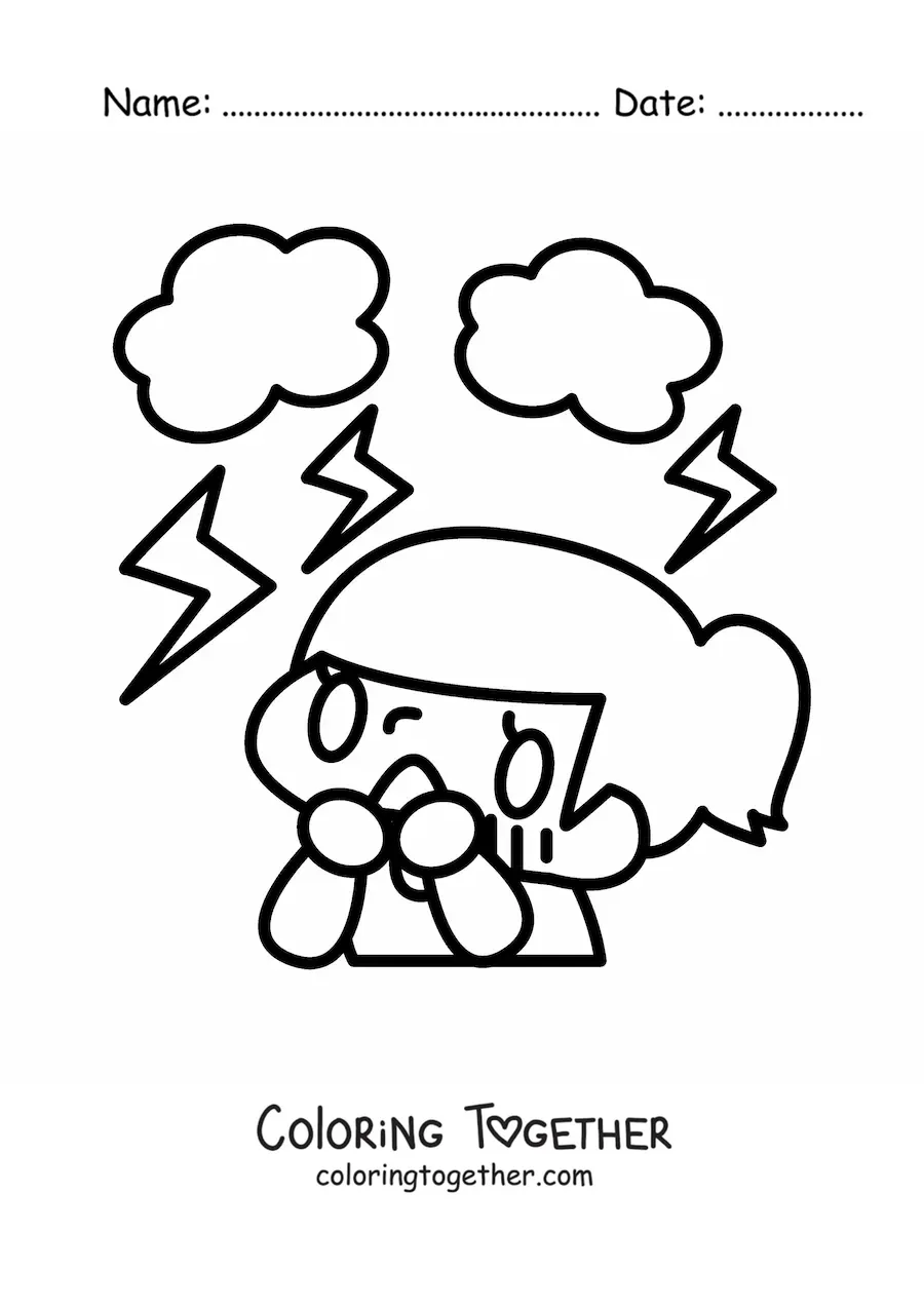 Coloring page of a girl scared by a storm